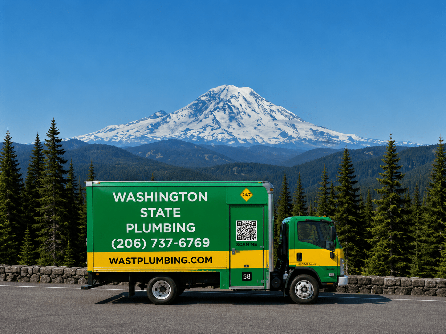 A green and yellow plumbing truck features "Washington State Plumbing" signage